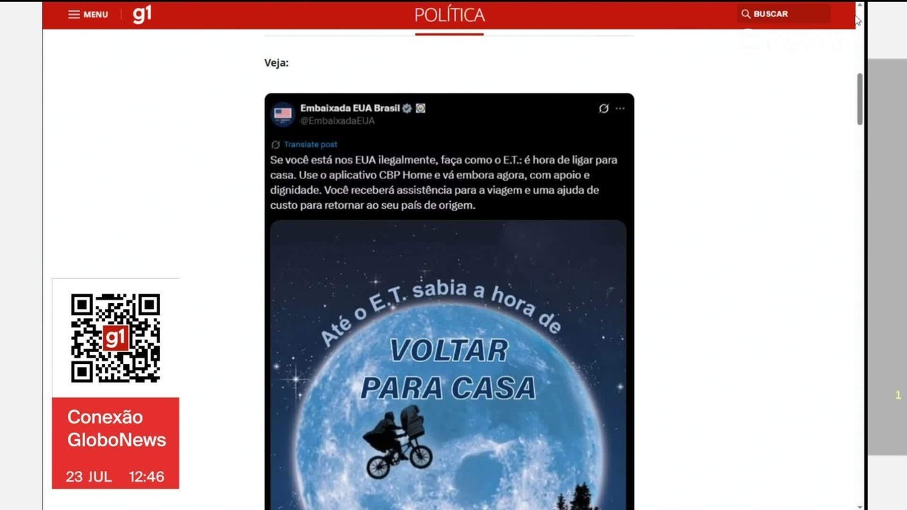 Embaixada dos EUA no Brasil publica post contra imigração: 'Até o E.T. sabia a hora de voltar para casa'